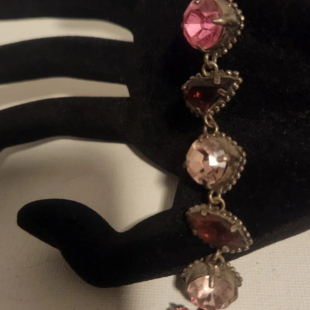 Vintage Style Pink purple Rhinestone Toggle Link Bracelet‎ Antiqued Silver Tone